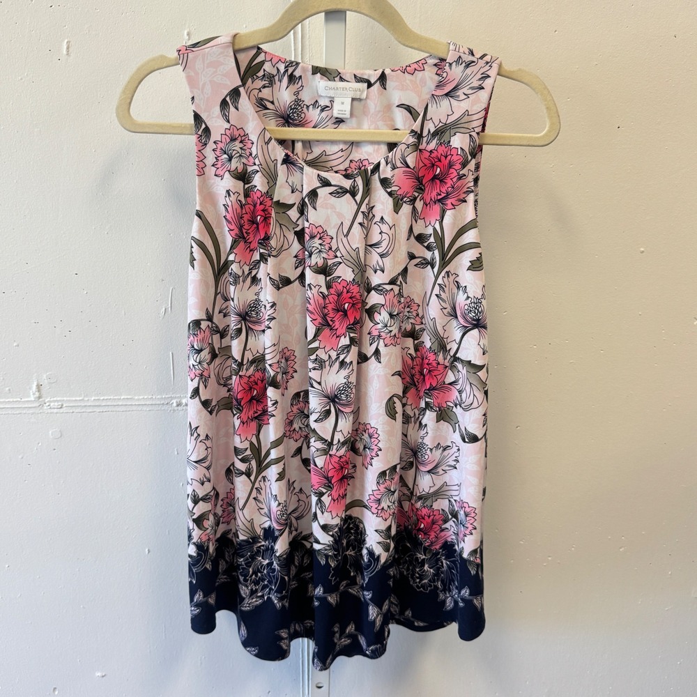 Charter Club Floral Pleated Sleeveless Knit Top Blouse Medium Pink Navy Summer